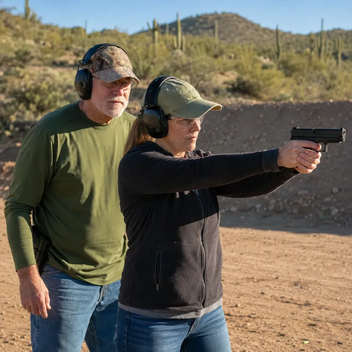 Student practicing handgun skills under direct instructor supervision