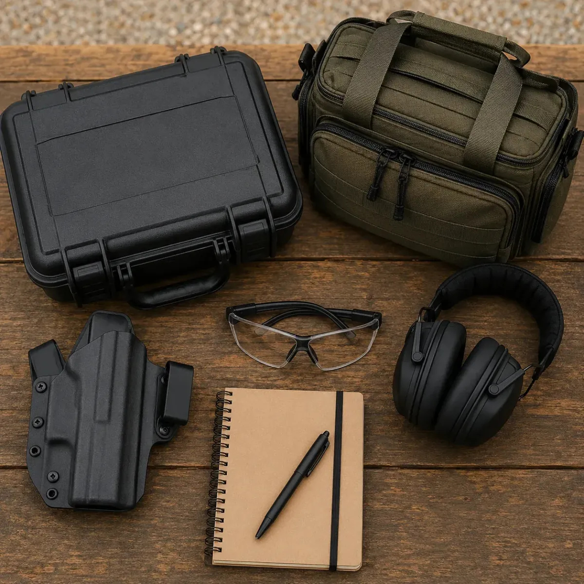 Range bag, handgun case, holster and safety equipment for private handgun training