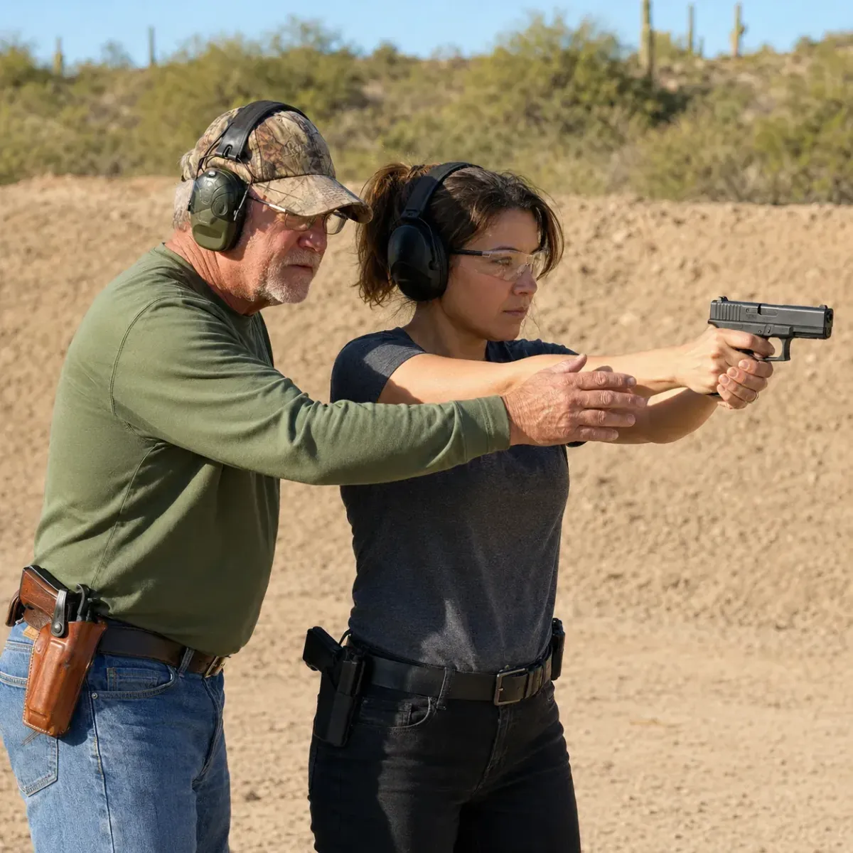 One-on-one handgun coaching focused on shooting stance and fundamentals