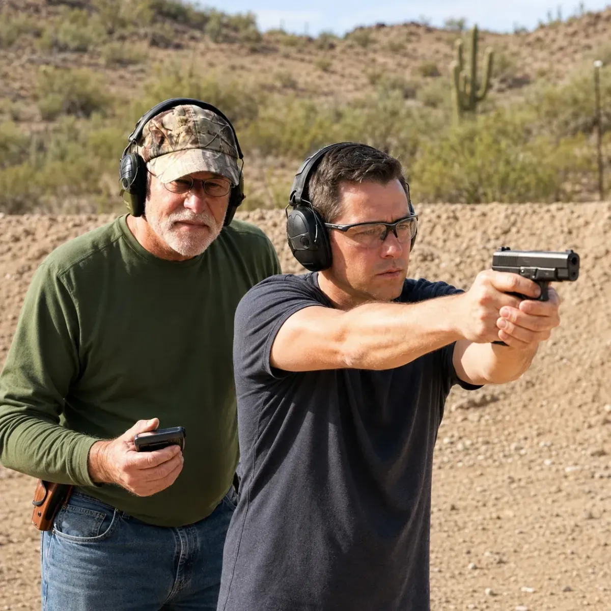 Intermediate handgun student practicing under direct instructor supervision