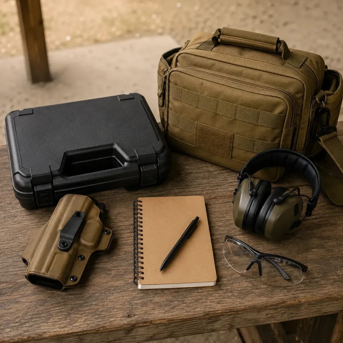 Holster, handgun case and safety equipment prepared for intermediate handgun training