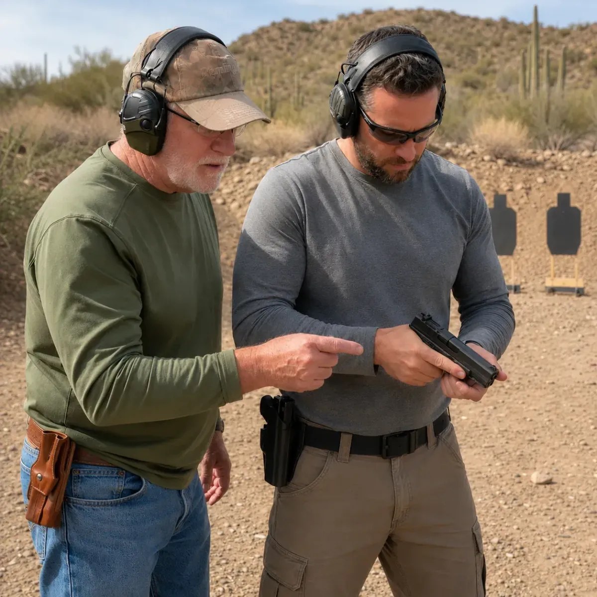 Instructor coaching safe handgun and holster handling during intermediate training