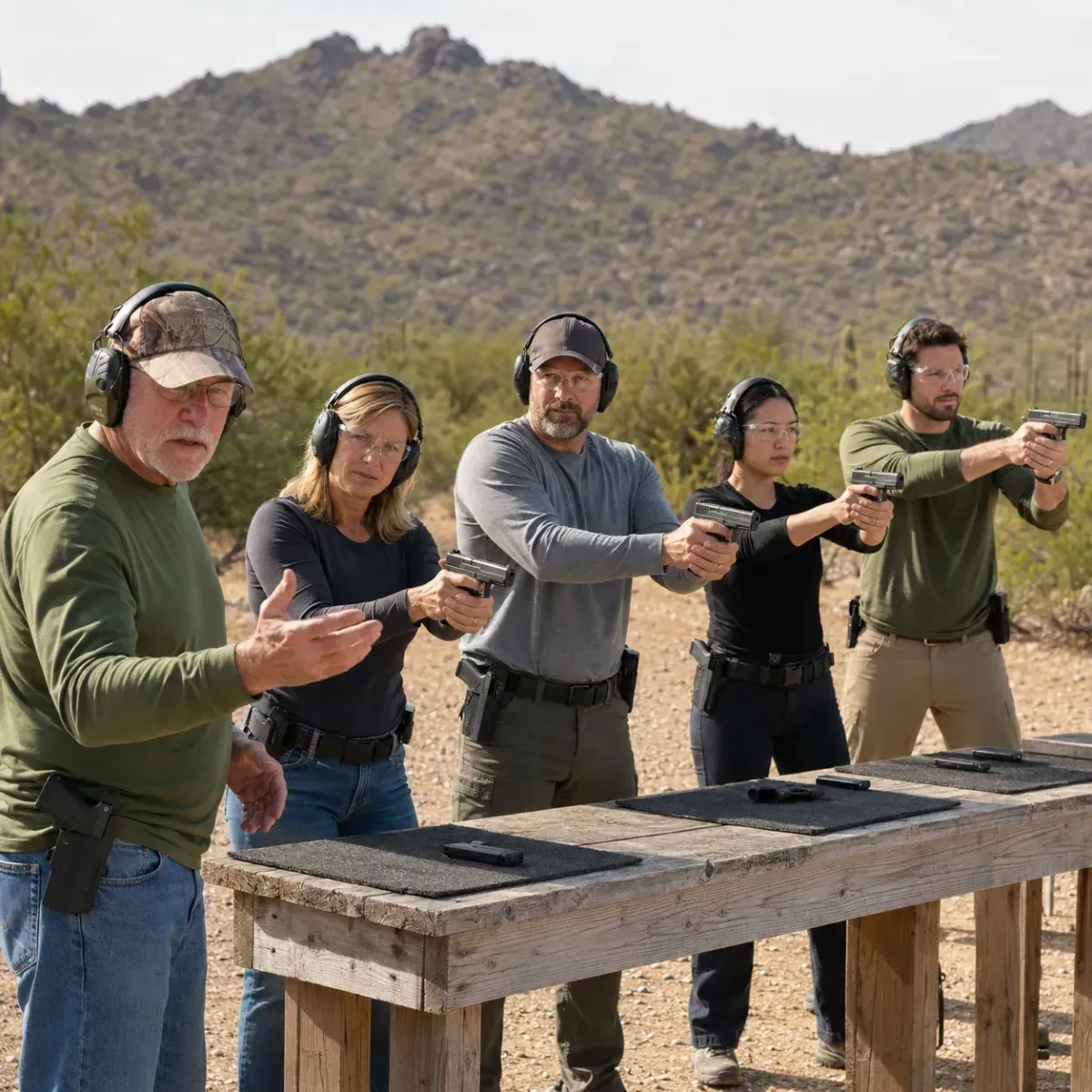 Small group attending intermediate handgun training at an Arizona shooting range