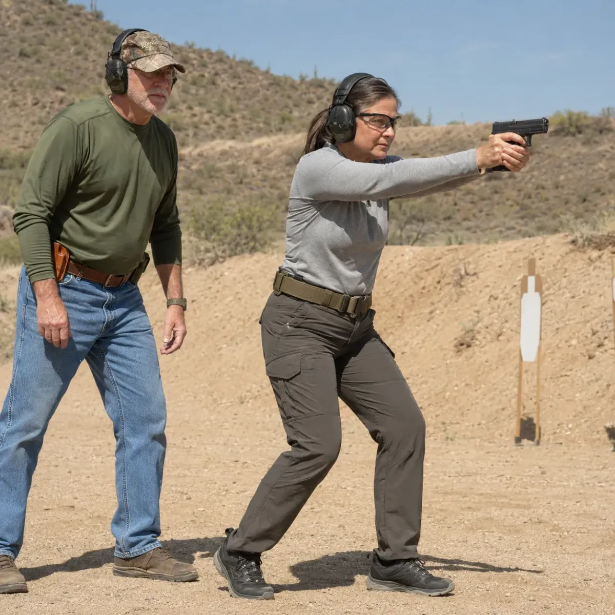 Advanced handgun student practicing controlled range drills under instructor supervision