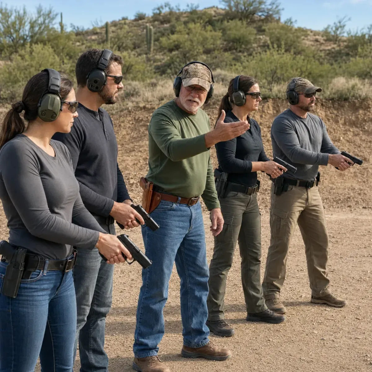 Small group attending advanced handgun training at an Arizona shooting range