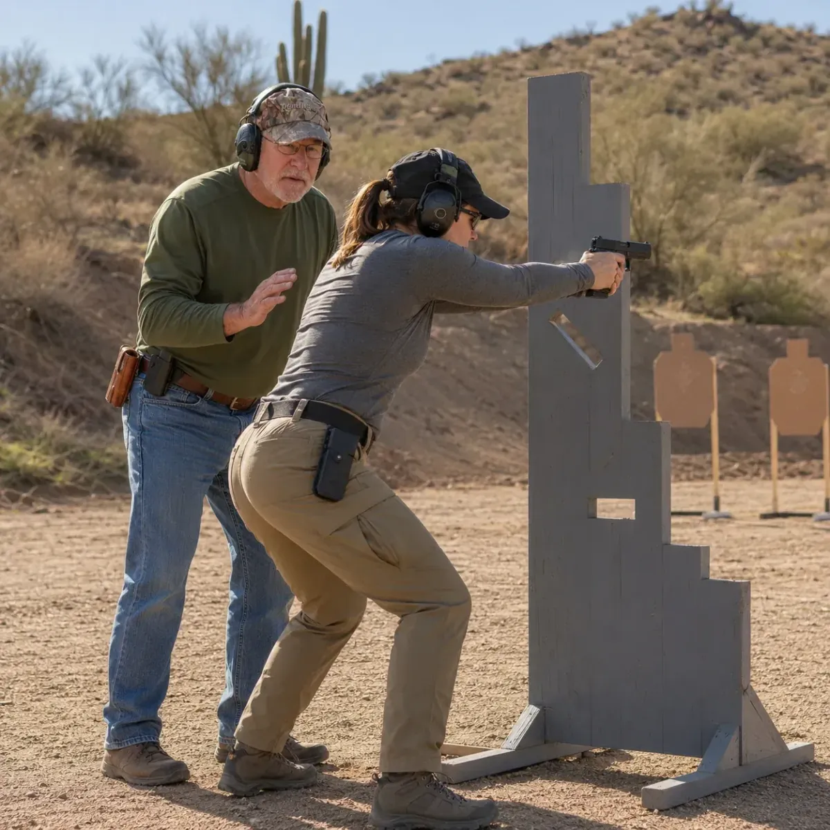 Instructor coaching advanced handgun handling and positional shooting skills