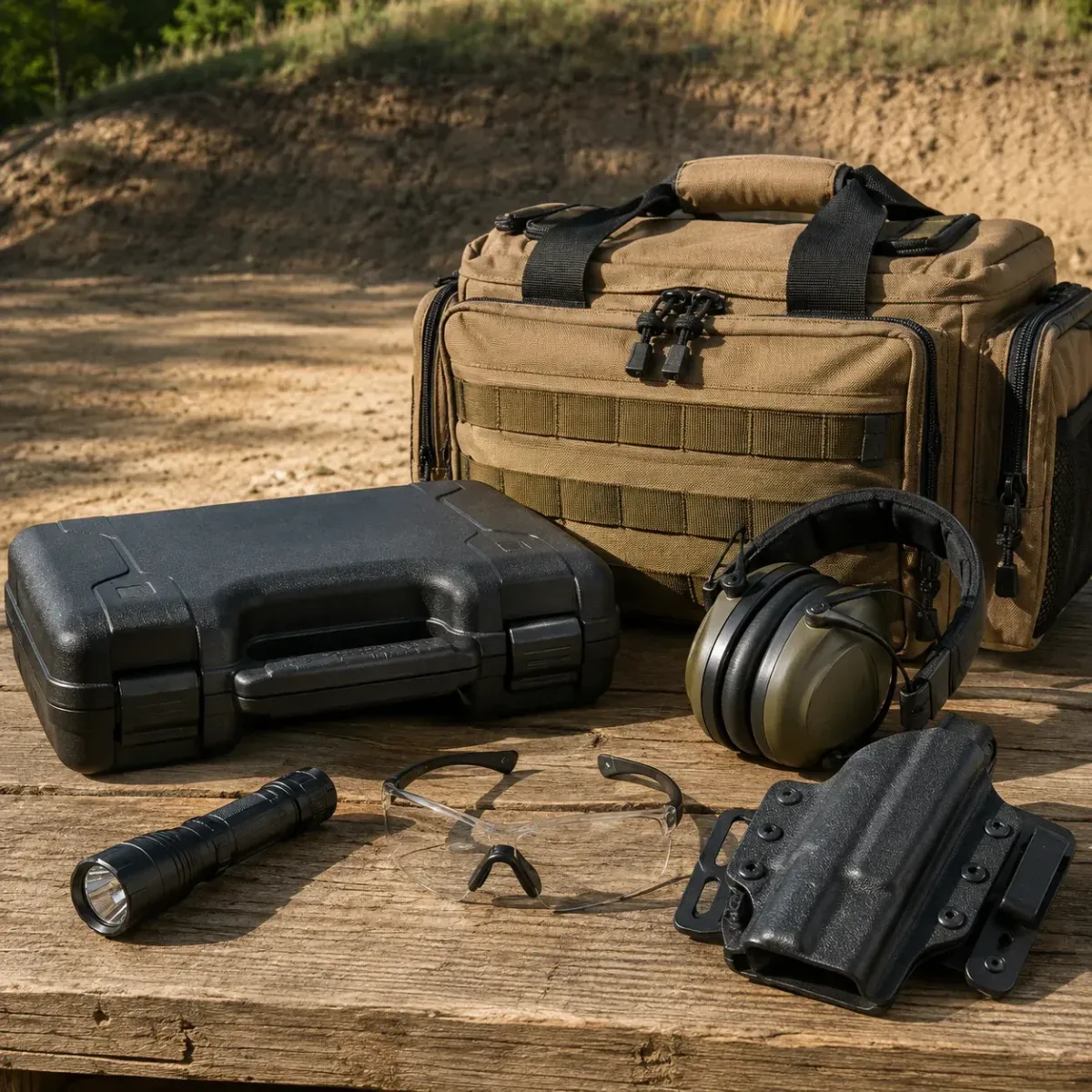 Flashlight, handgun case and safety equipment prepared for advanced handgun training