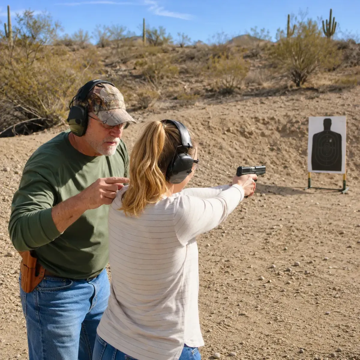 Instructor teaching safe pistol handling and shooting fundamentals
