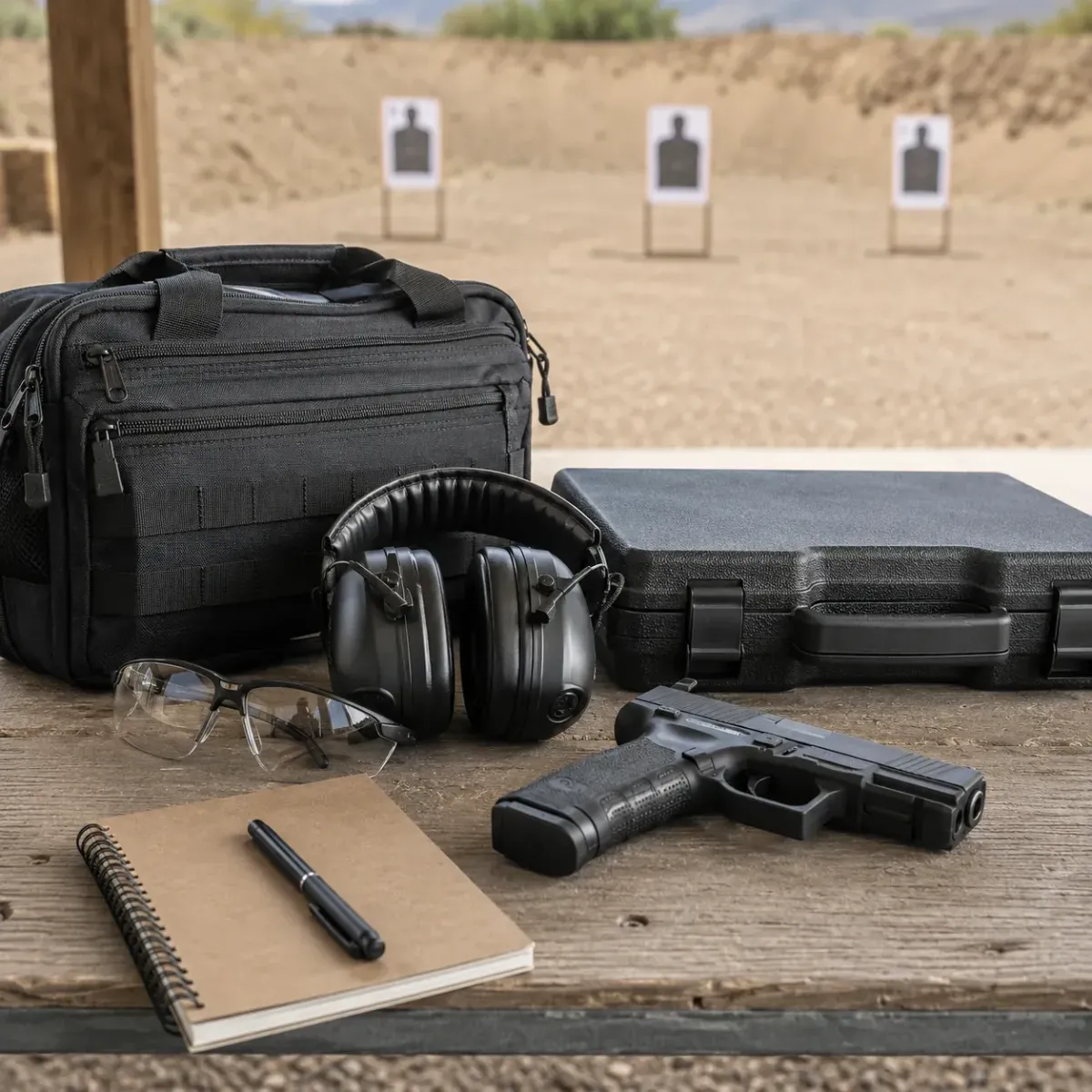 Pistol case and safety equipment prepared for NRA pistol training