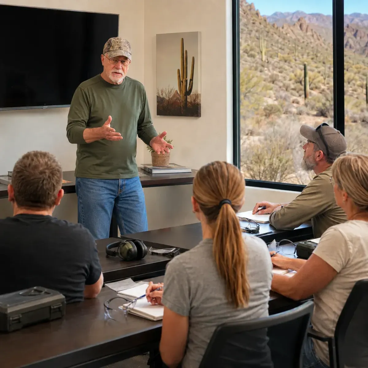 Instructor discussing situational awareness and family safety planning with adult students