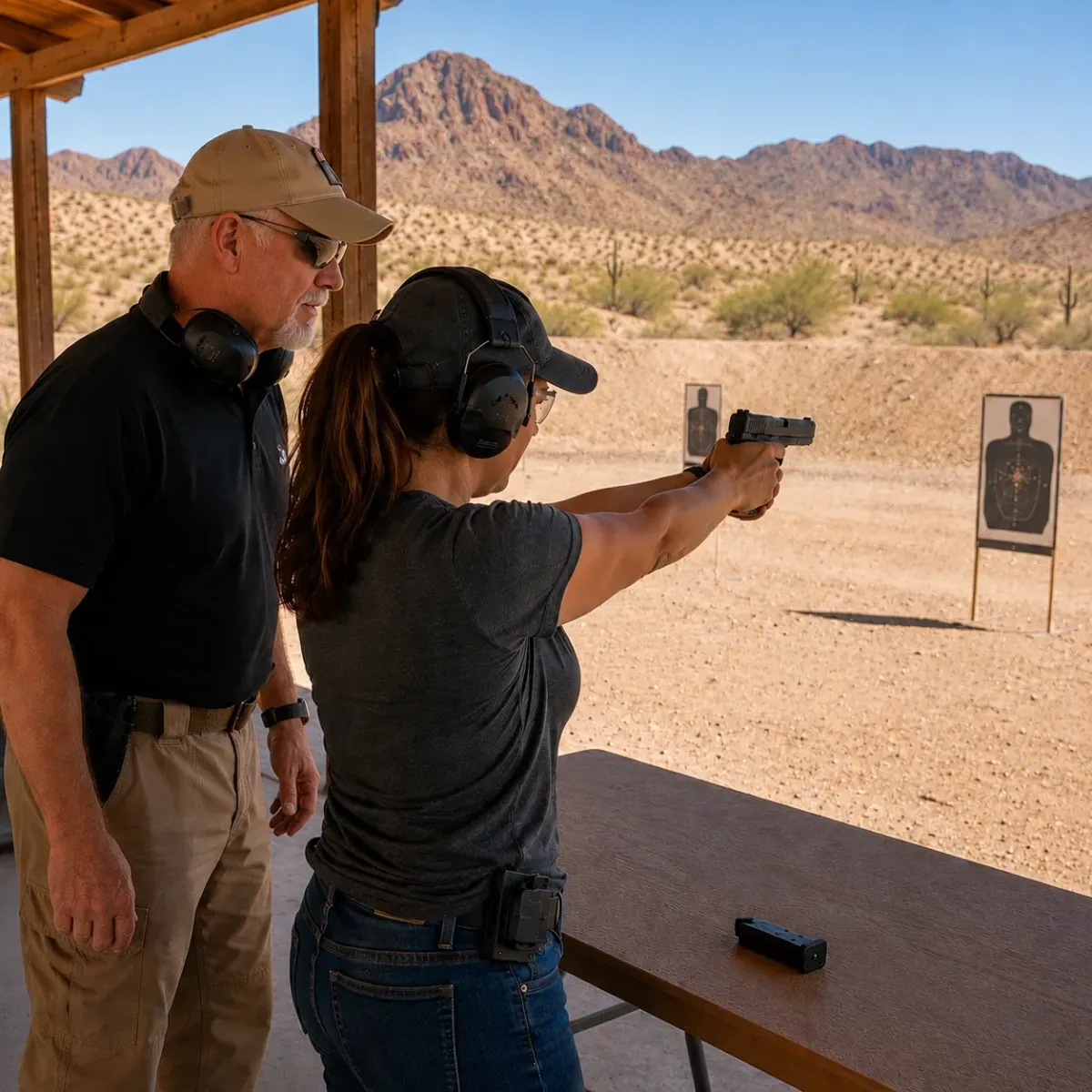 Adult student completing supervised live-fire handgun training during a USCCA course
