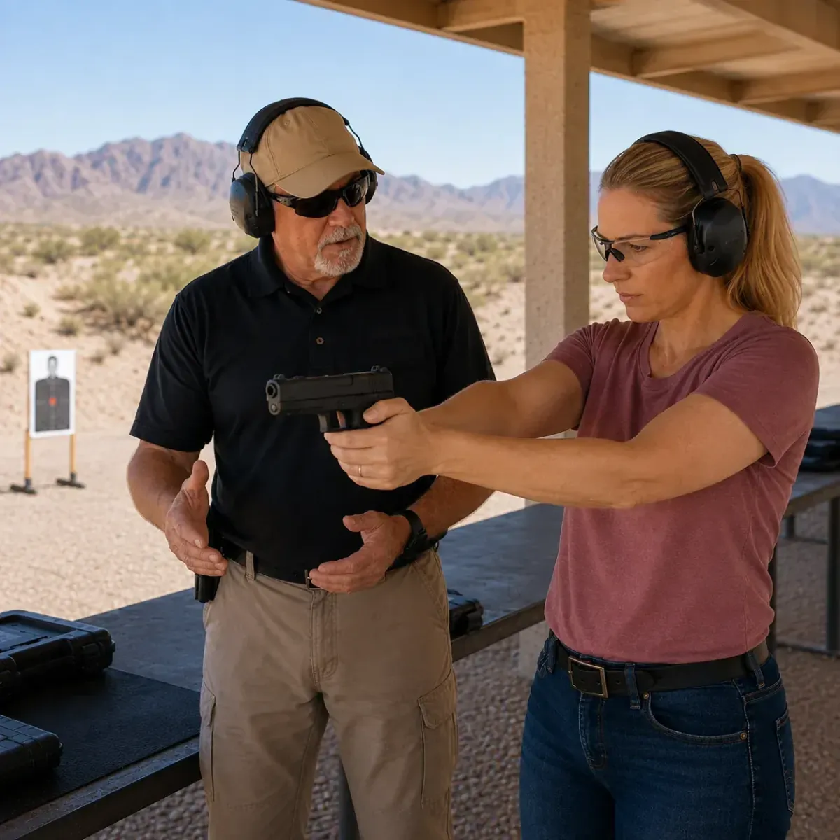 Woman receiving guidance on safe handgun handling and firearm fit