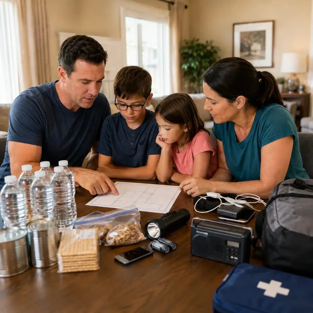 Family reviewing shelter-in-place supplies and communication plans at home