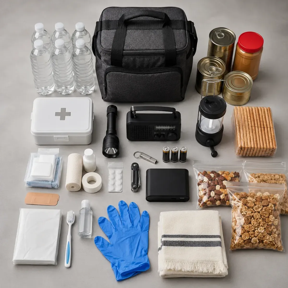 Organized emergency kit with water, flashlight, radio and first aid supplies