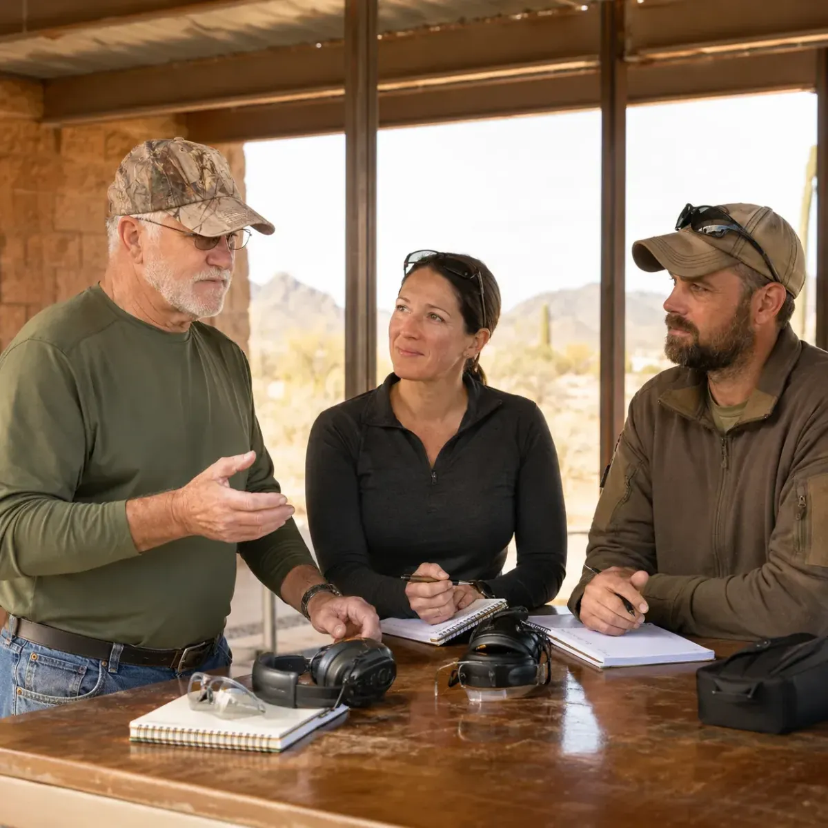 Firearms instructor speaking with students after a training class