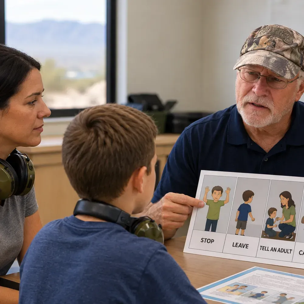 Instructor teaching child firearm safety with a parent present