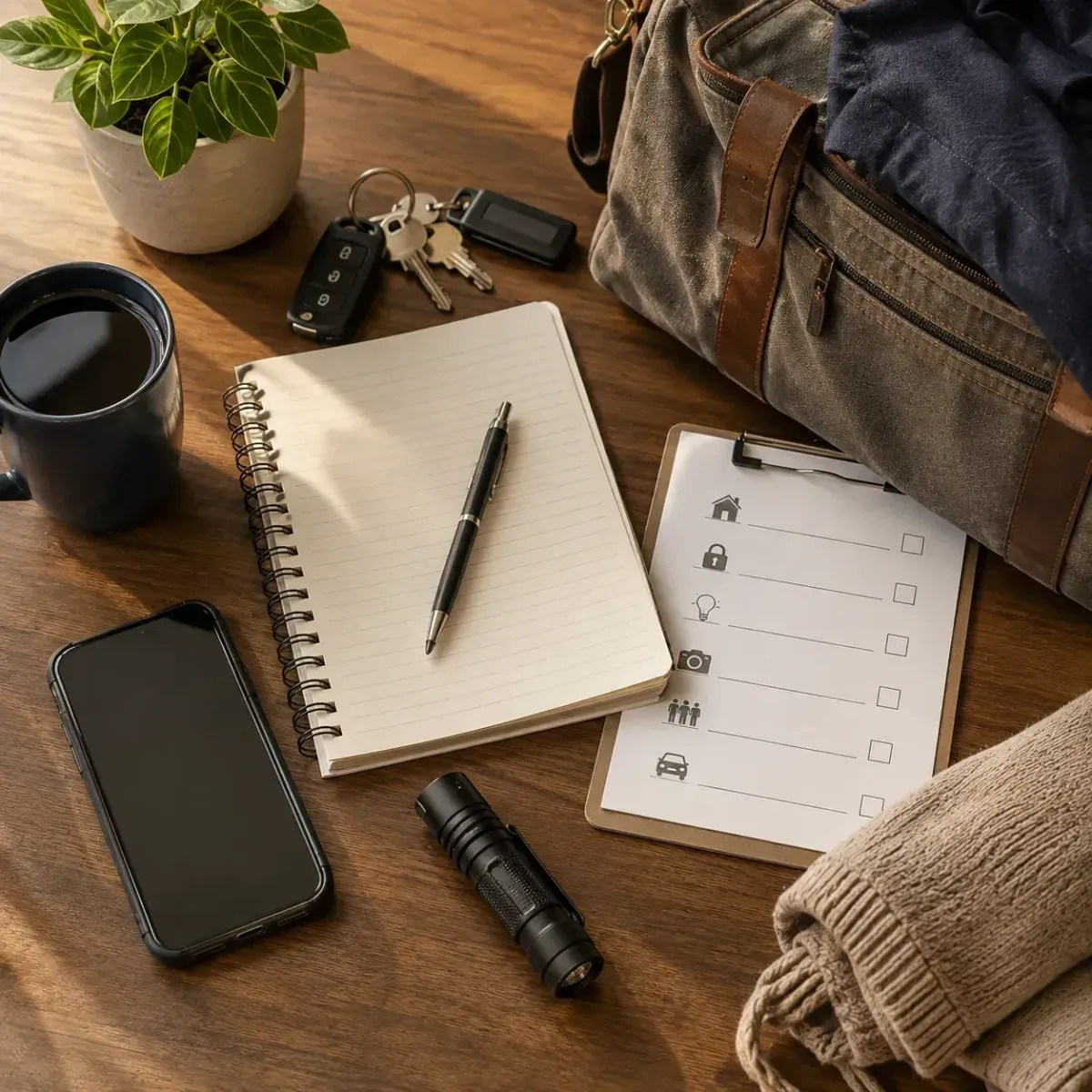 Notebook, personal safety checklist, keys, phone and travel items on a clean table