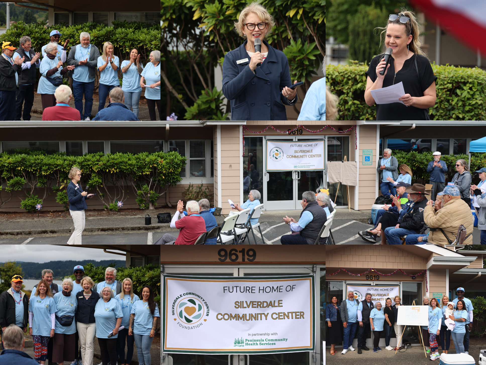 Collage from a Fourth of July event at the future Silverdale Community Center, showing community leaders speaking, volunteers and attendees gathered outside, and a group posing beside the community center sign.