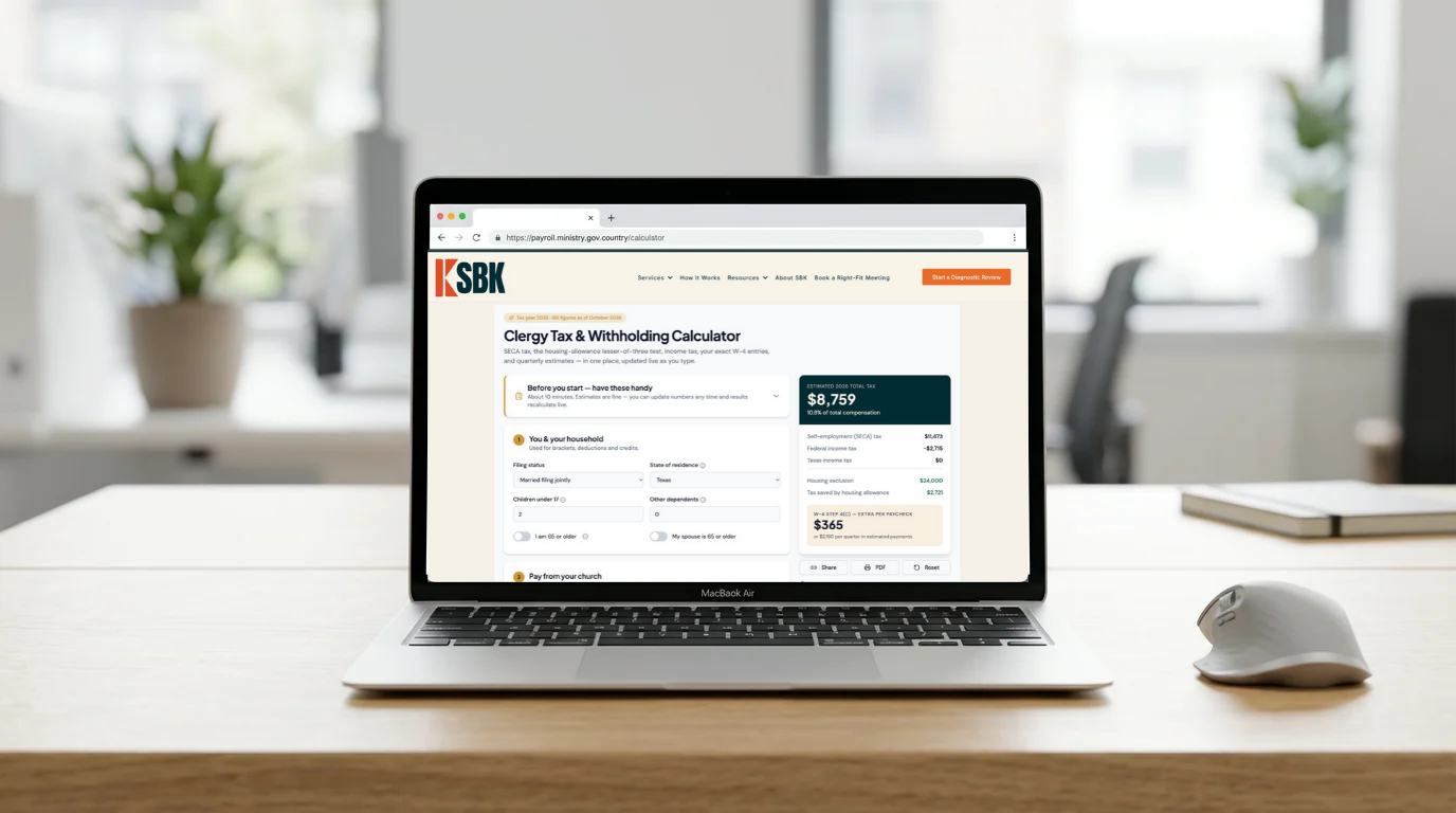 SBK Clergy Tax & Withholding Calculator screenshot placeholder (upload your real screenshot)