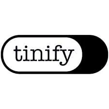 Black and white tinify logo featuring lowercase letters inside a rounded rectangle, split half white with black text and half black with no text.