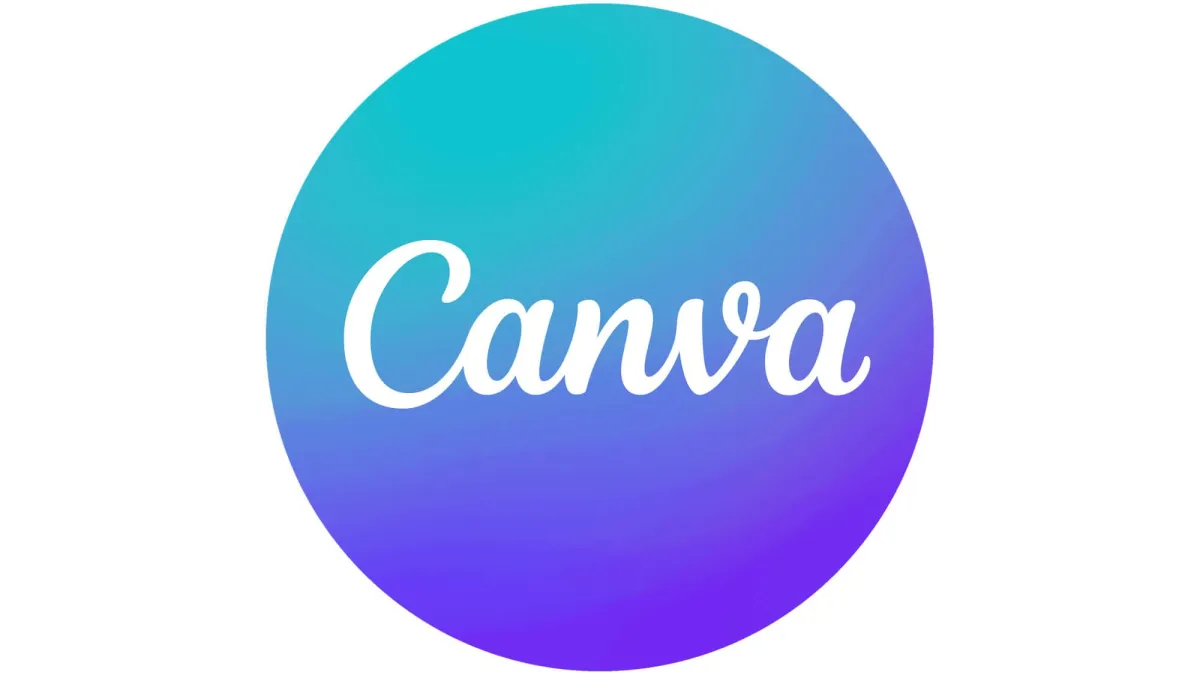 The image displays the Canva logo: the word "Canva" in white, cursive text centred on a round gradient background that transitions from teal at the top to purple at the bottom.