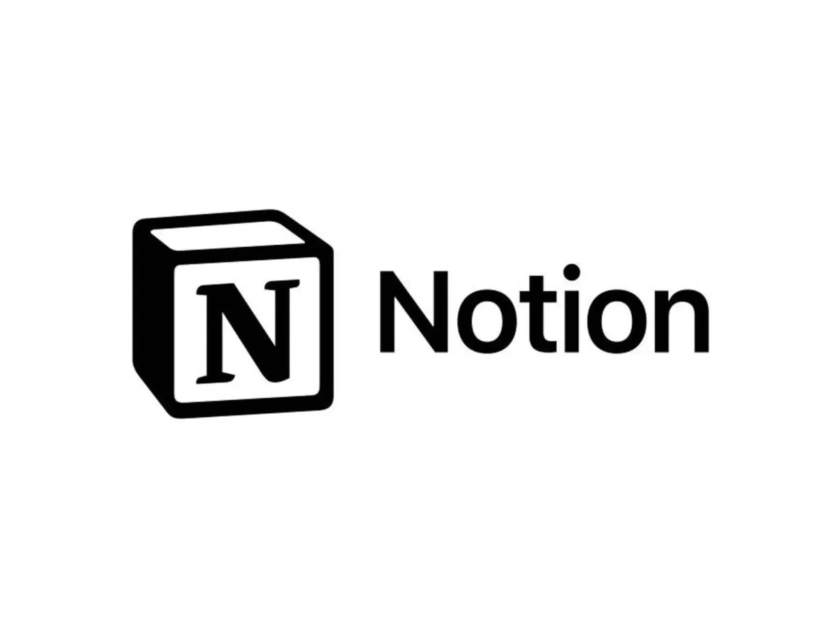Black and white Notion logo featuring a 3D cube with a bold "N" on one face, positioned beside the word "Notion" in a clean, sans-serif font on a white background.