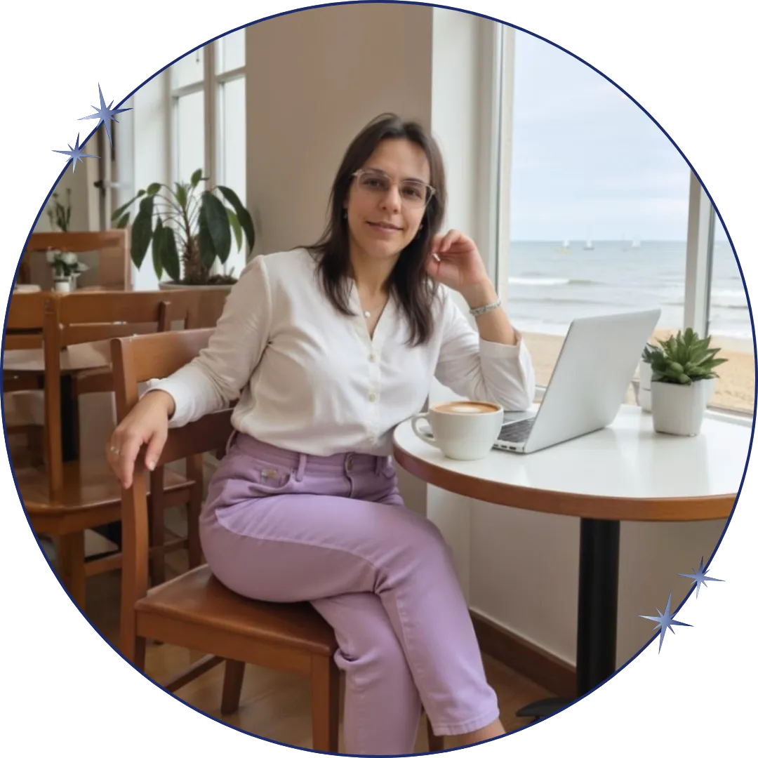 A woman with dark hair and glasses sits at a cafe table near a window overlooking a beach. She wears a white blouse and lavender pants, with a laptop and coffee cup on the table, smiling at the camera.
