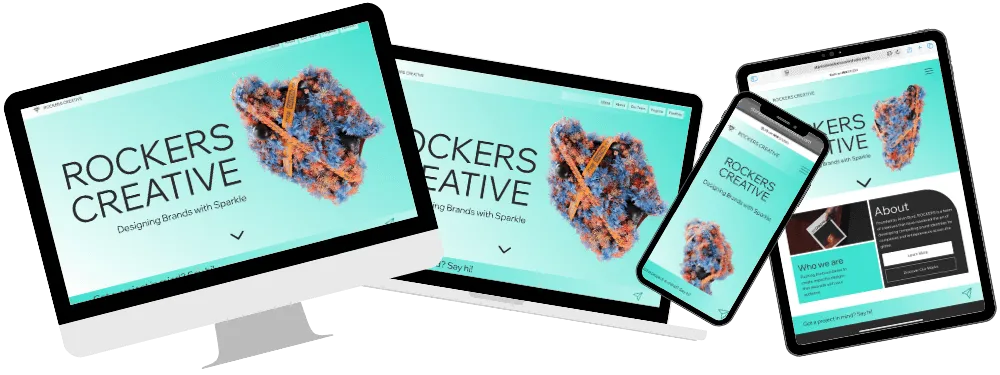 A website homepage for Rockers Creative is displayed on a desktop monitor, laptop, tablet, and smartphone, effectively showcasing responsive design across multiple devices.