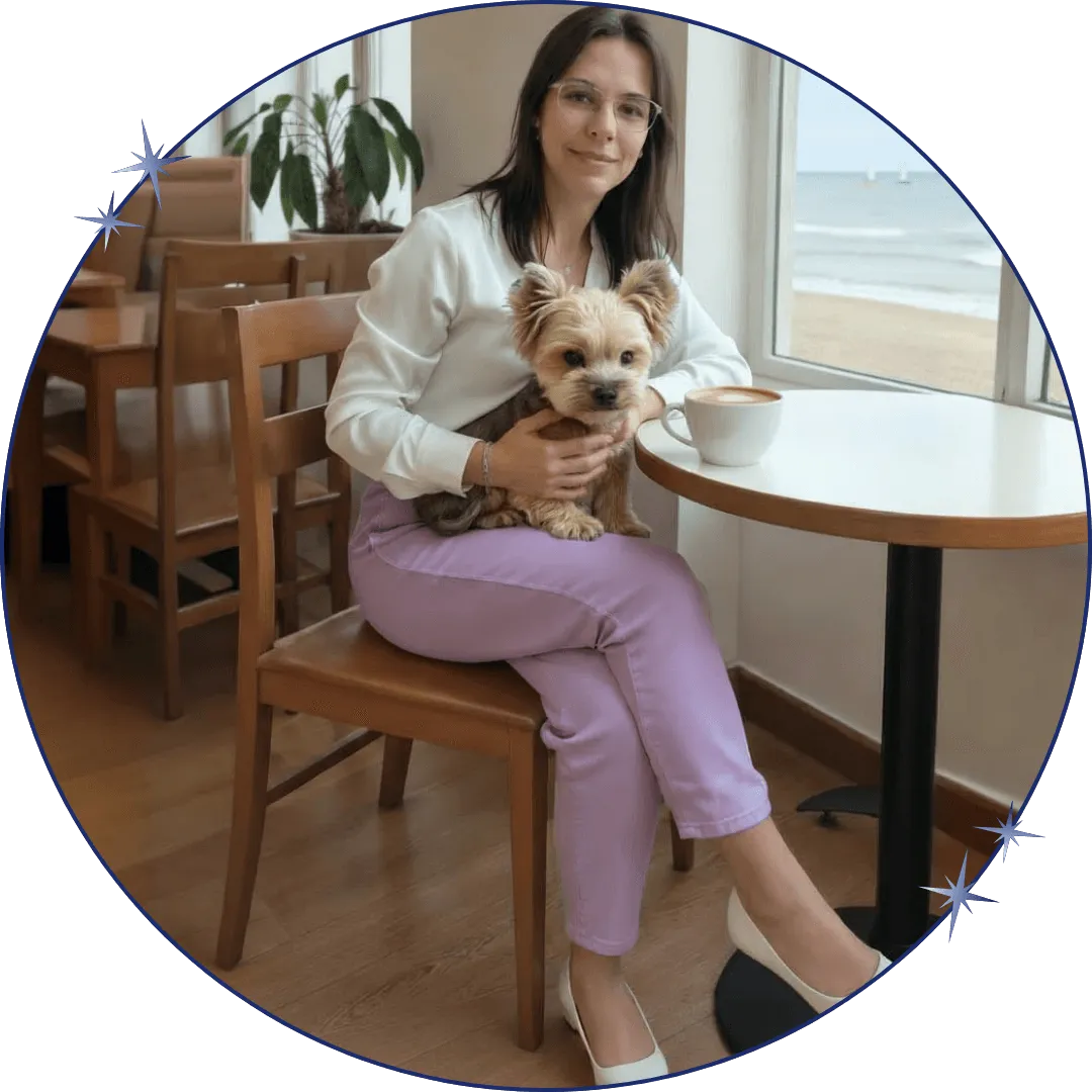 A woman in glasses and lilac pants sits at a cafe table by a window, holding a small dog on her lap with a coffee cup beside her. The beach is visible outside, making this the perfect hero image for a relaxing coastal moment.