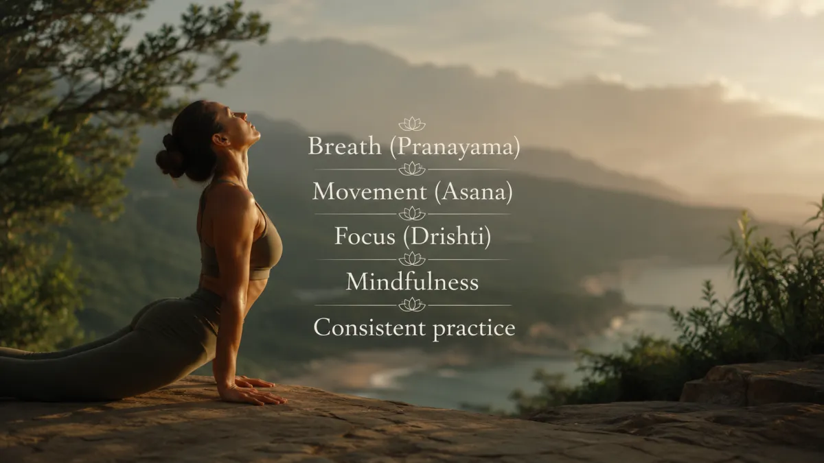 Woman practicing Ashtanga Yoga in nature at sunrise, demonstrating a backbend pose on a scenic overlook surrounded by mountains and water. Overlay text highlights the core principles of Ashtanga Yoga: Breath (Pranayama), Movement (Asana), Focus (Drishti), Mindfulness, and Consistent Practice.