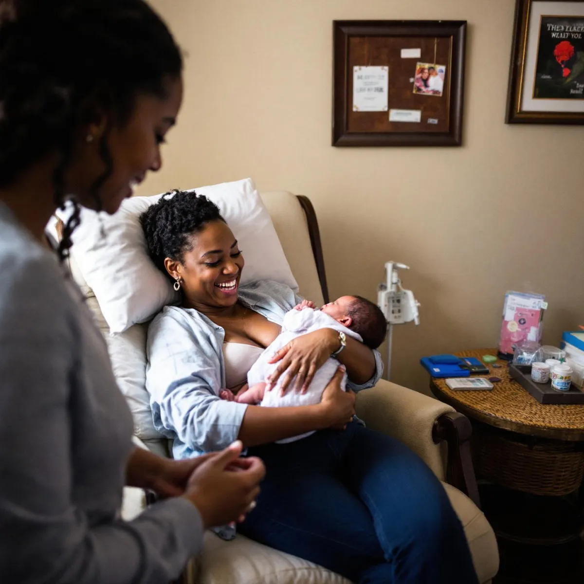 postpartum woman sitting in a recliner holding newborn