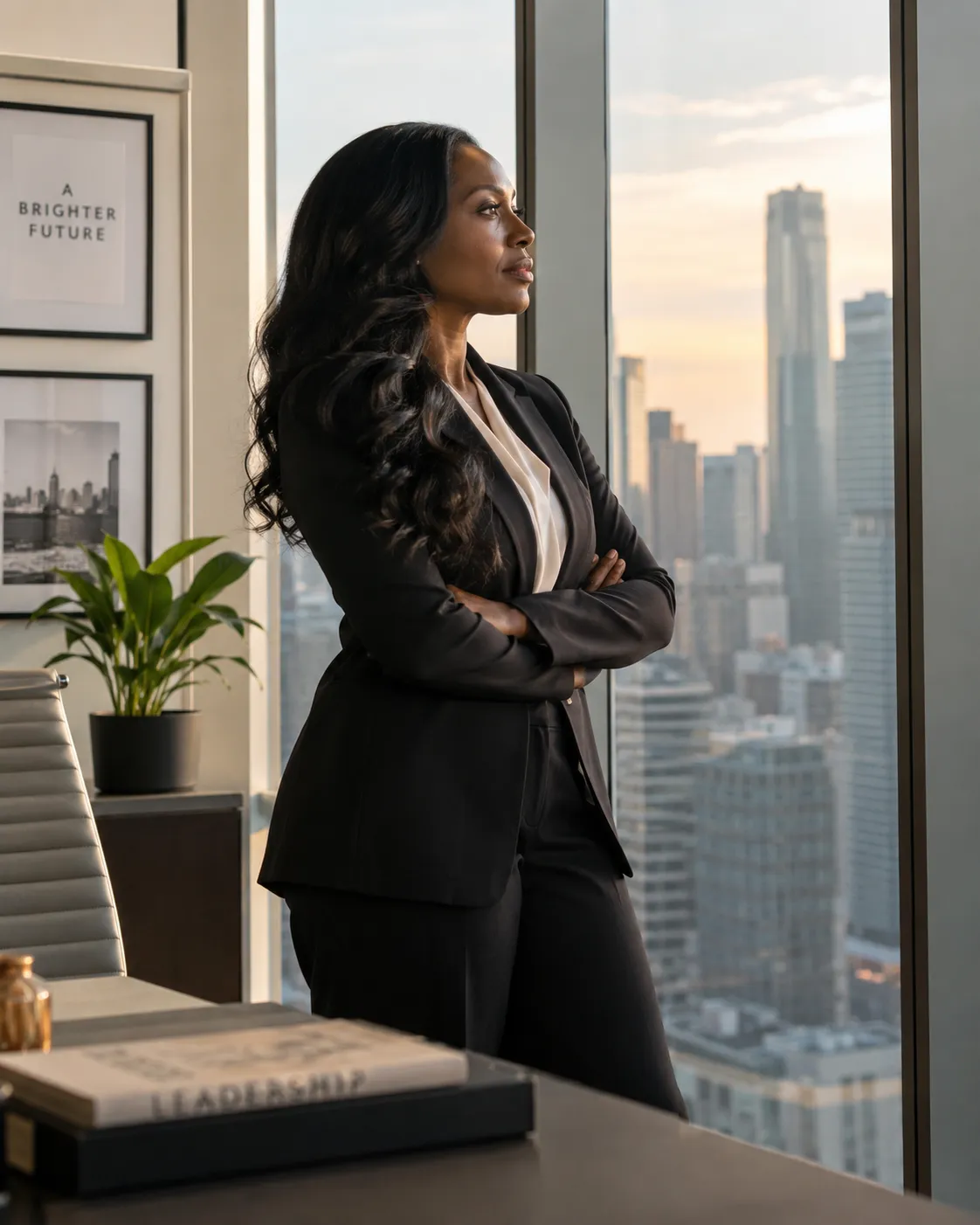 Executive leader looking through an architectural window at dusk, contemplating life-changing business transitions