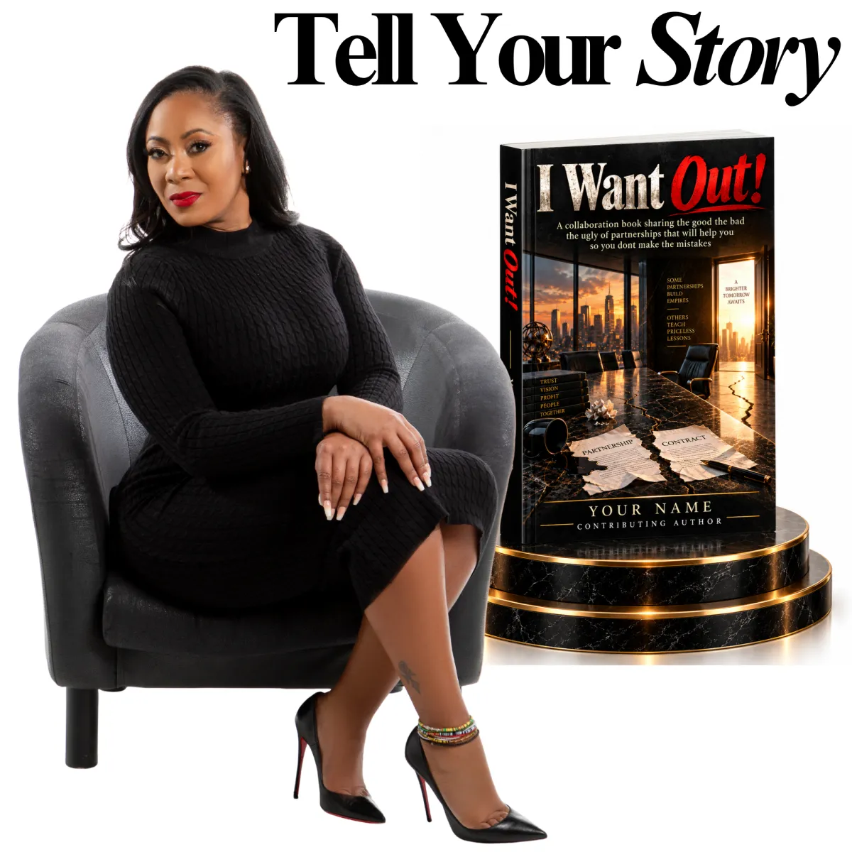 3D luxury hardcover of I WANT OUT! book overlapping grayscale editorial founder portrait with gold accent embellishments