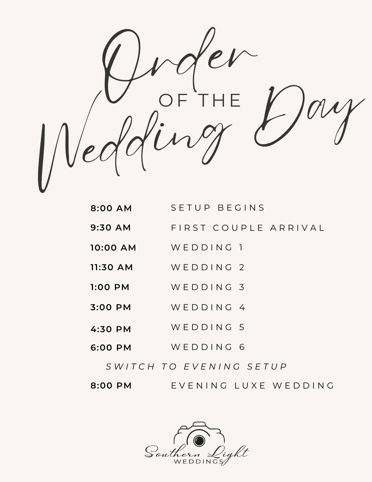 wedding day timeline - southern light weddings