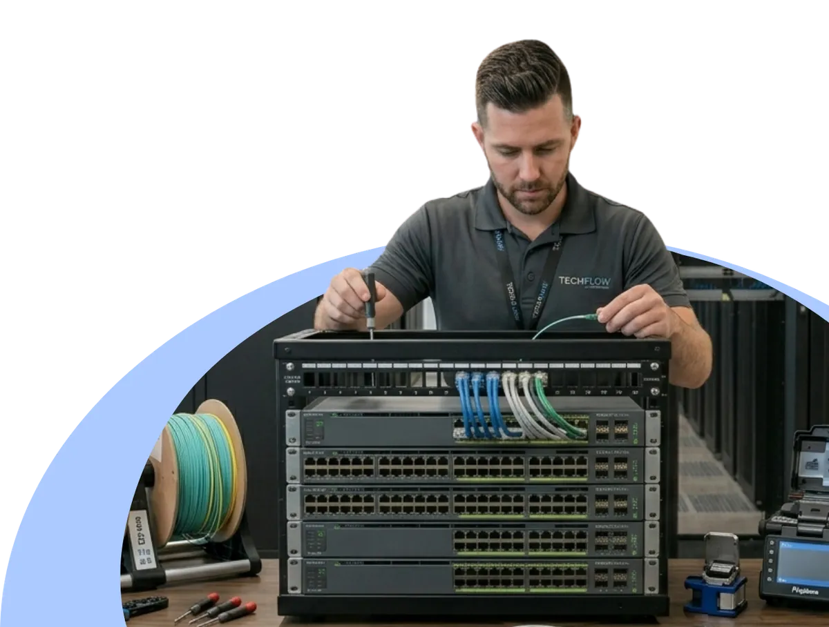 Certified IT network engineer testing a fiber optic cable termination inside a server room