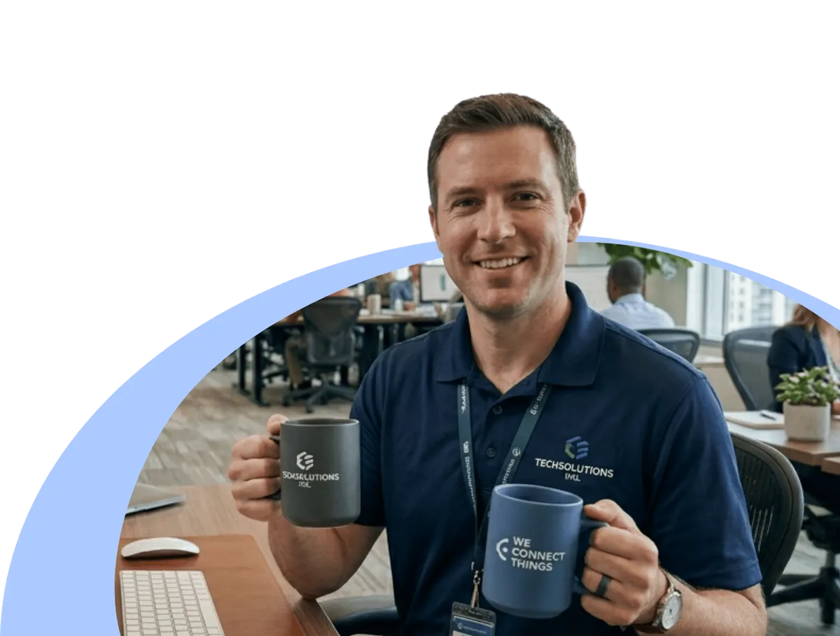 a man holding two mugs with the brand on of coffee and smiling