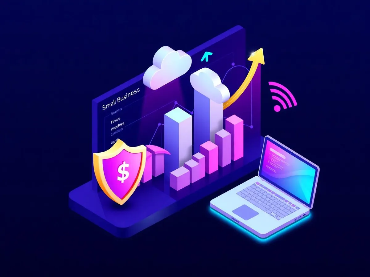 Small business growth dashboard with cybersecurity shield and cloud icons
