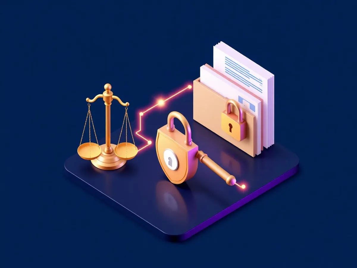 Confidential legal document system with scales of justice, encrypted folder, and lock