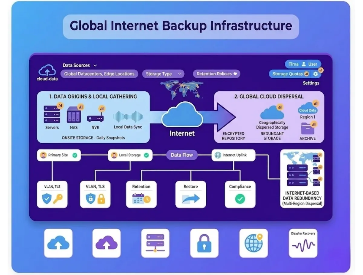 Hybrid cloud backup and data recovery infrastructure dashboard infographic showing on-premise NAS storage, AES-256 encrypted network uplink, and remote DRaaS virtual VM spin-up.