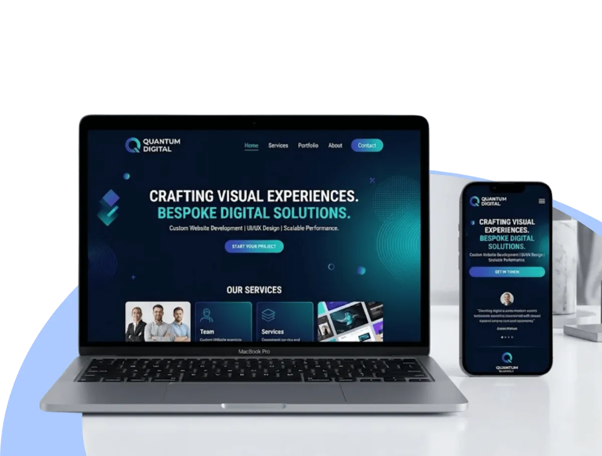 High-fidelity 3D rendering of a laptop and smartphone displaying a modern dark-themed website interface with the text 'Your Vision. Our Code.', floating UI elements, and vibrant blue lighting effects.