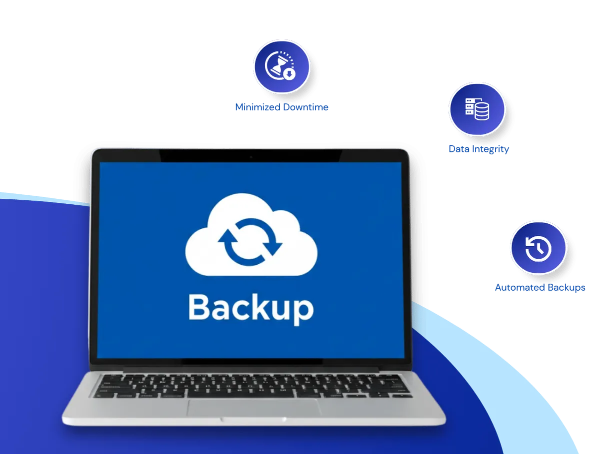 A laptop displaying a cloud backup icon on its screen, with two circular neon icons above it labeled 'Minimized Downtime' and 'Data Integrity' against a dark, cosmic background
