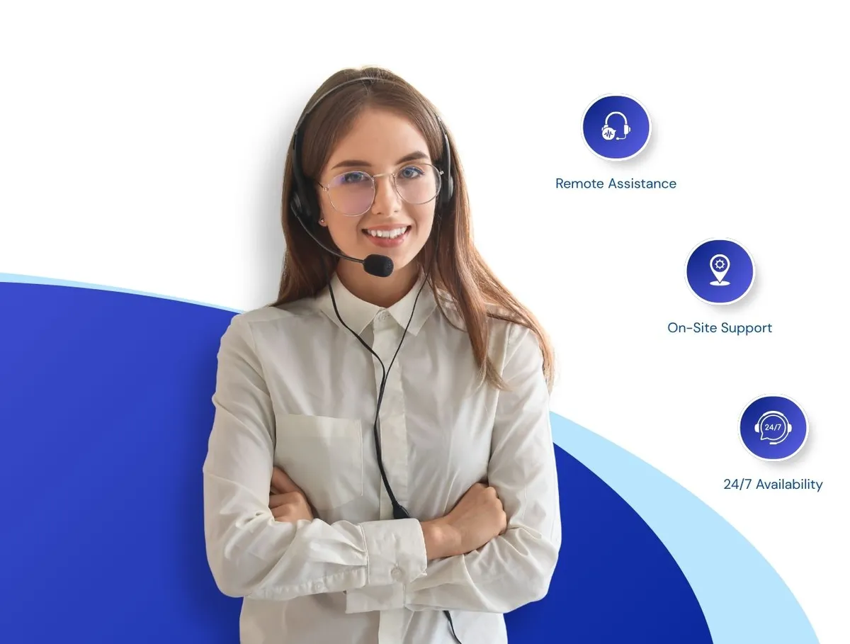 A smiling female customer support representative wearing a headset with two circular neon icons labeled 'Remote Assistance', 'On-Site Support', and '24/7 Availability'.