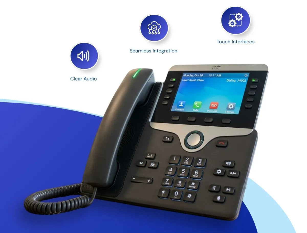 A modern Cisco IP desk phone with a digital display screen, surrounded by three circular neon icons labeled 'Clear Audio', 'Seamless Integration', and 'Touch Interfaces'.