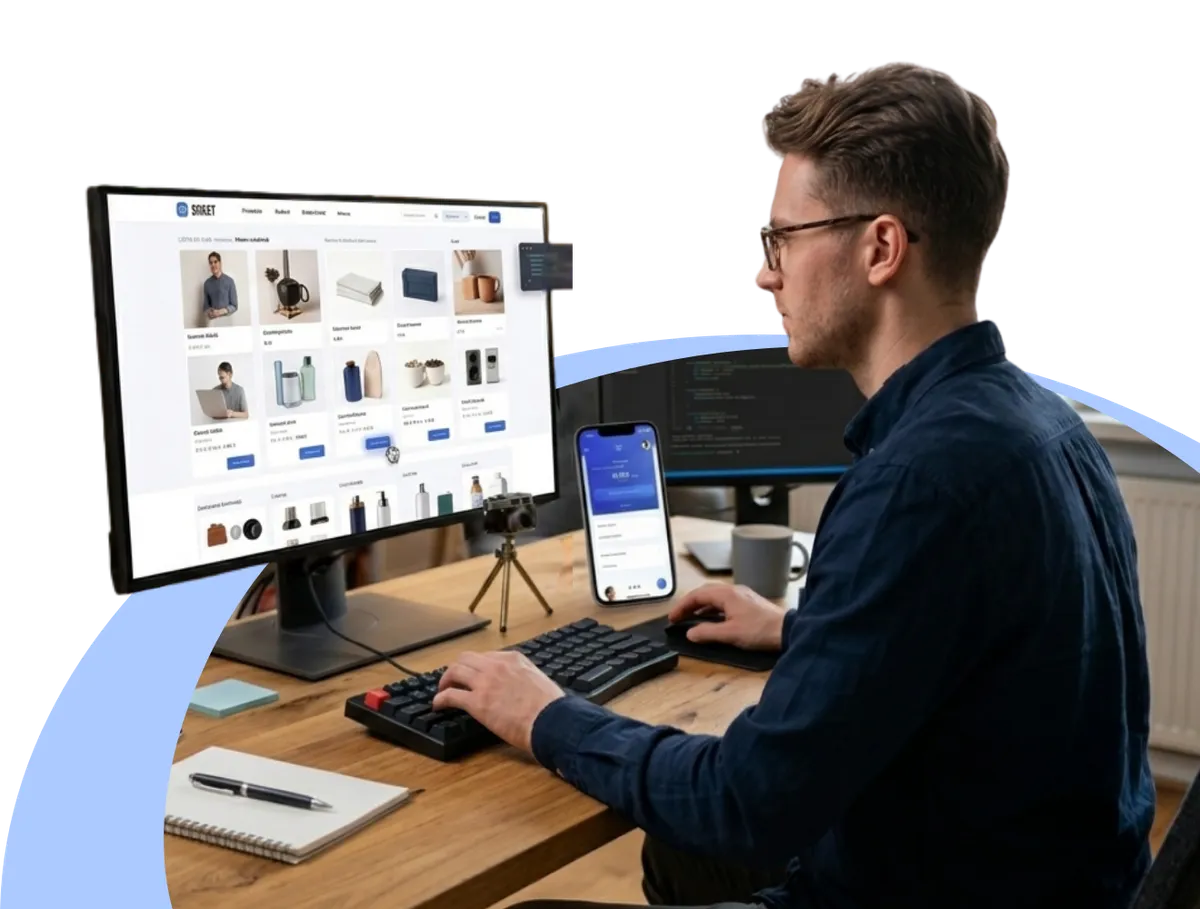 A man with glasses sits at a wooden desk in a bright office, working on a desktop computer display showing an e-commerce website design alongside code editor windows. Next to the monitor, a smartphone displays the mobile version of the site, while bookshelves and a large window frame the background behind him.