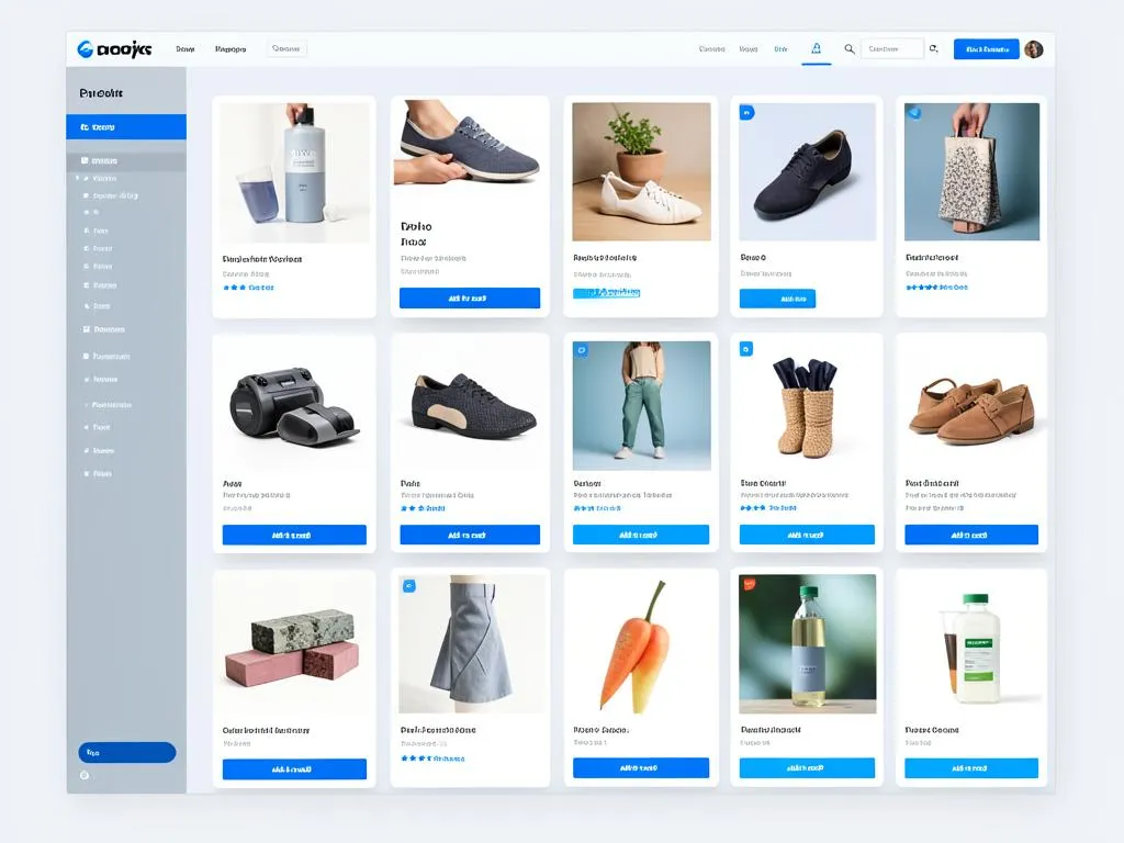 Custom e-commerce product catalog grid layout with add-to-cart buttons