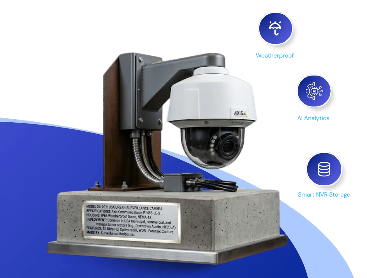 A professional Axis dome surveillance camera mounted on an urban concrete block base, surrounded by circular neon icons labeled 'Weatherproof', 'Smart NVR Storage, and 'AI Analytics' against a dark background with blue and purple highlights.