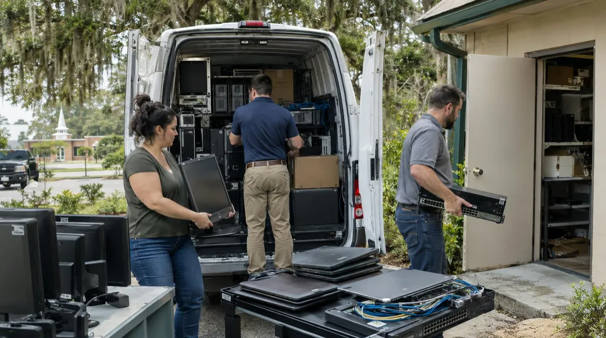 A professional, eye-level, wide-angle shot taken from behind a box truck parked on a residential street. Inside the open back of the truck, a middle-aged Western American man in a denim shirt, work pants, and a baseball cap is busy organizing and loading various IT hardware, including desktop computer towers, circuit boards, and cardboard boxes filled with cables and components. The interior of the truck is filled with stacks of tech equipment. Outside the truck, on either side of the quiet street, are large, elegant white houses featuring two-story porches with black railings and traditional Southern architectural styles. The scene is set in bright, natural daylight.