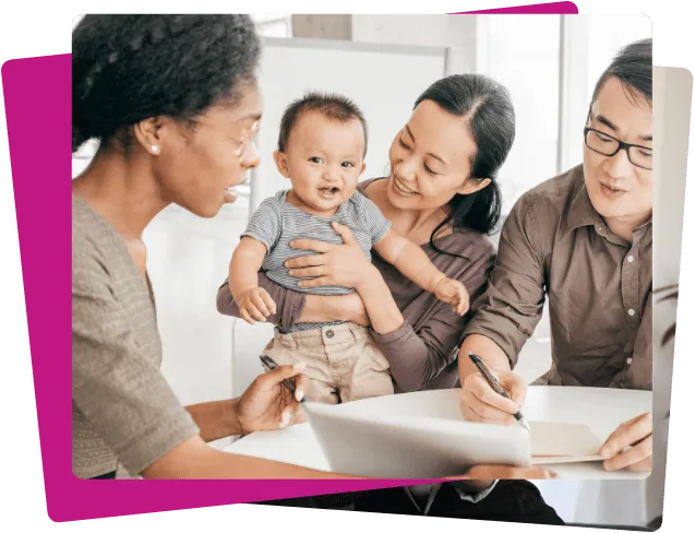 cute family holding their child in an insurance consultation in Cook County