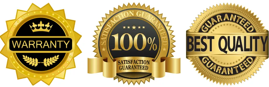 Three badges: Warranty, 100% satisfaction guarantee, best quality guarantee
