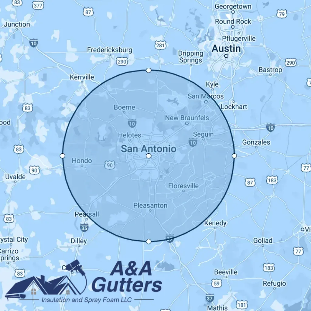 a map of the service area 50 mile radius of San Antonio